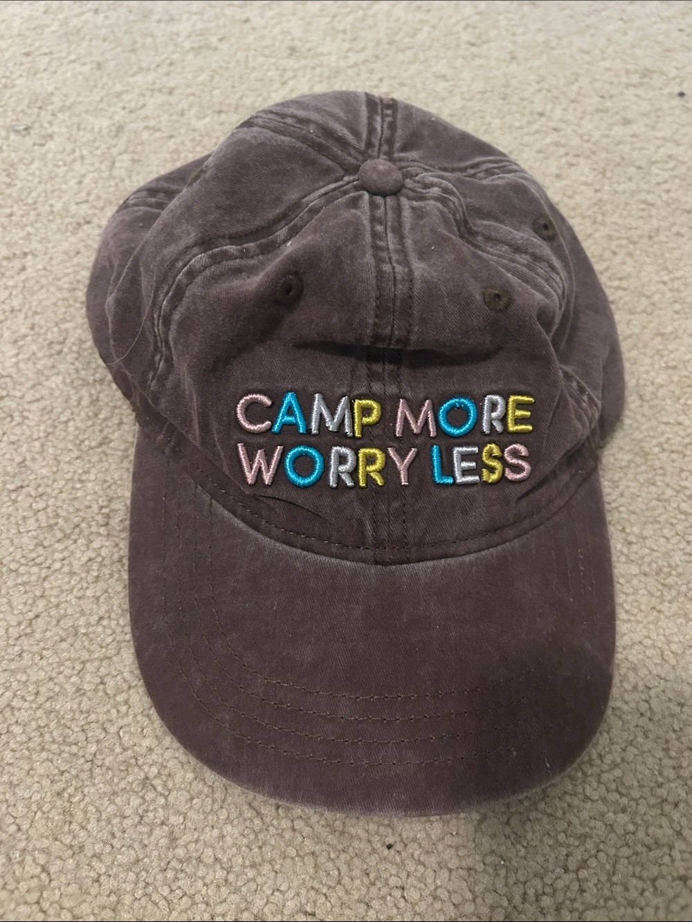 Kids Brown Embroidered 'Camp More Worry Less' Cap